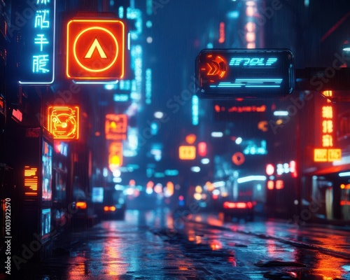 Public spaces in a futuristic city, with glowing holographic navigation signs and neon-lit surroundings Futuristic Neon High Detail