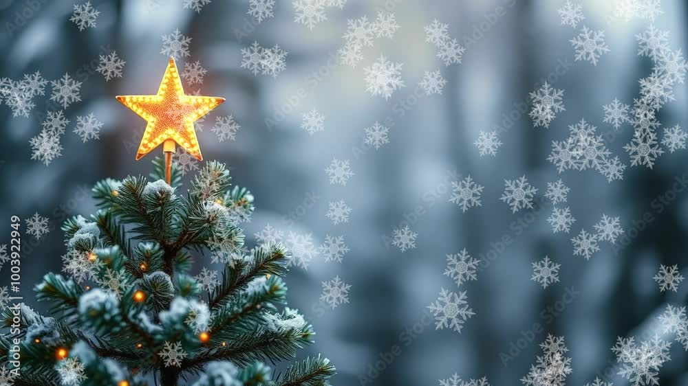 Luxury shining golden Christmas star on top of fir Christmas tree in snowy winter forest with seamless snowfall of transparent snowflakes. New Year and Christmas intro wallpaper background.