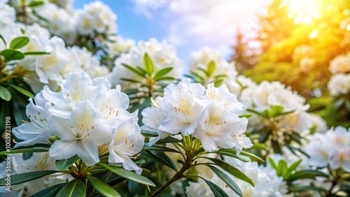 Low angle view of beautiful white spring rhododendron flowers bush in May