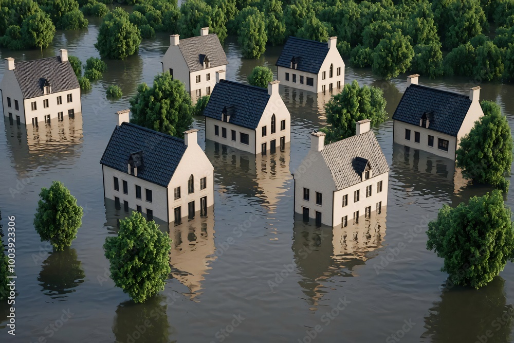 Fototapeta premium Aerial view of flooded houses surrounded by trees, showcasing the impact of rising water levels and climate change.