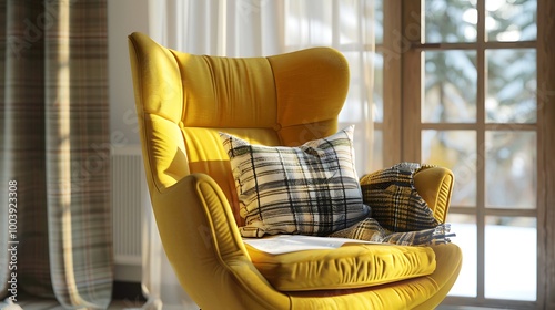 Interior of bright living room with yellow comfortable armchair with plaid and pillow