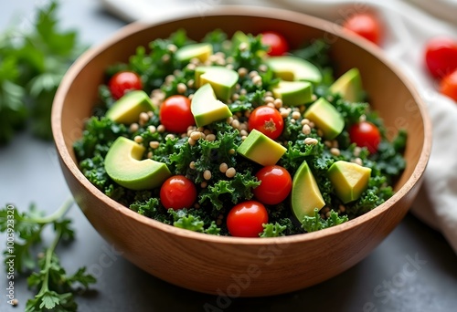 Wholesome Kale Salad Healthy Bowl of Quinoa Avocado and Cherry Tomatoes