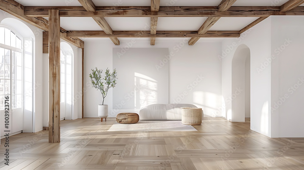 Interior design of living room interior with wooden beams and empty white wall background Interior design of living room interior with wooden beams and empty white wall background