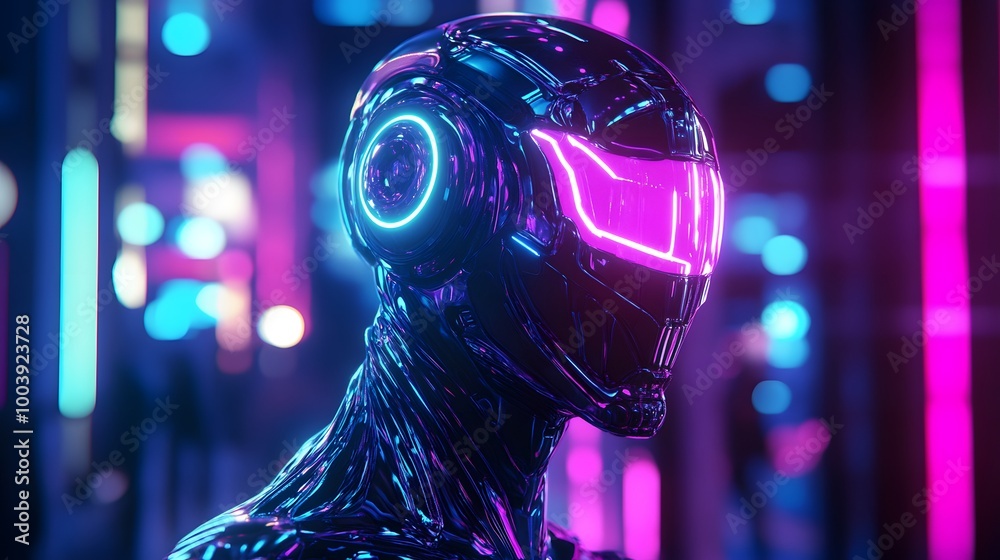 Robot or Artificial Human made of iridescent plastic material in neon lights. 3d rendering illustration in sci-fi futuristic style. Robot or Artificial Human made of iridescent plastic material in neon lights. 3d rendering illustration in sci-fi futuristic style.