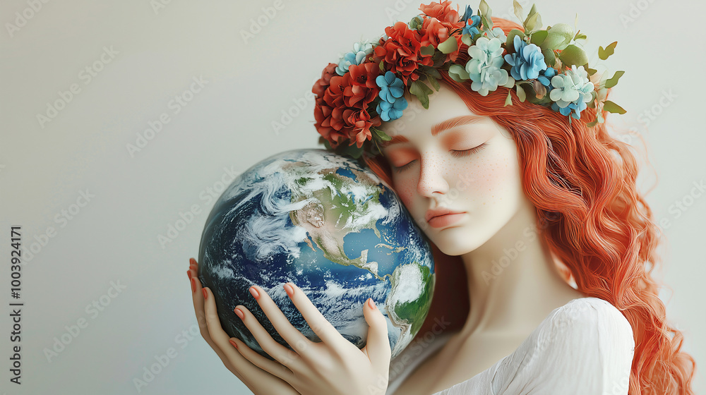 Naklejka premium Sculpture of a female goddess with red hair and a wreath of flowers, gently holding the globe in her hands. She symbolizes nature, fertility and creation.