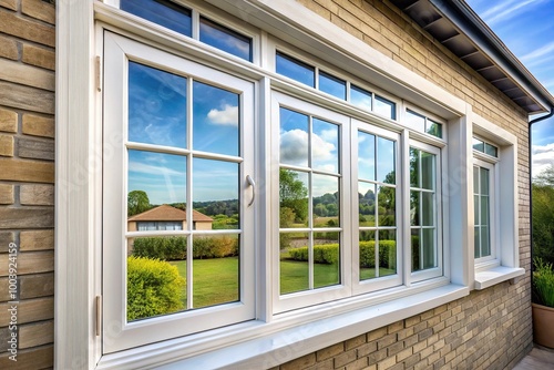 Low angle view of durable PVC window frame with triple insulated windows in modern home