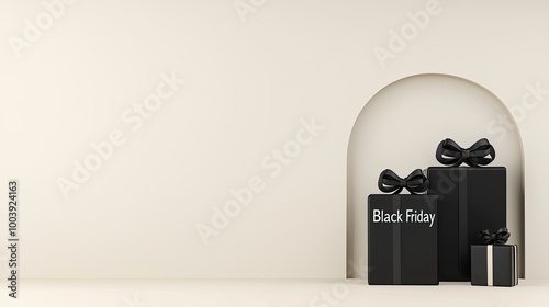 A stylishly rendered gift box adorned with a ribbon sits against a light backdrop, promoting Black Friday. The minimalistic design highlights the festive atmosphere photo