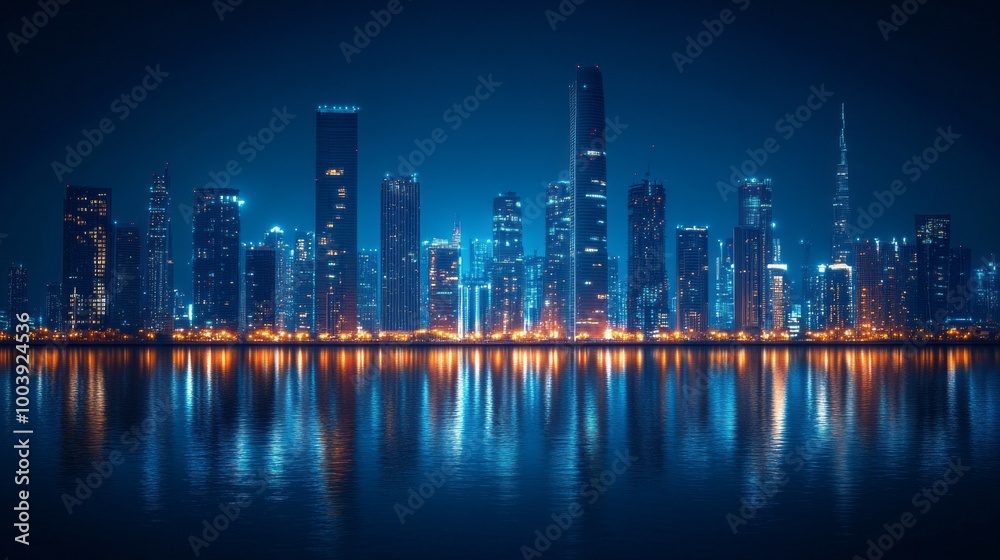 Fototapeta premium A city skyline is reflected in the water