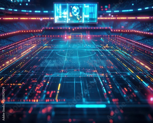 Wallpaper Mural Soccer game action in a futuristic stadium with glowing neon scoreboards  Futuristic  Neon  High Detail Torontodigital.ca
