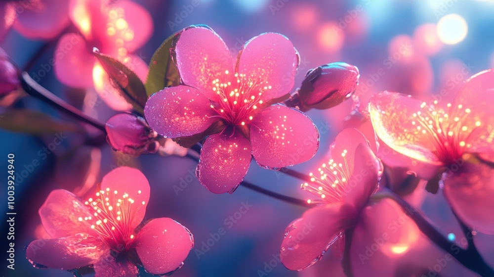 Spring blossoms glowing with neon colors and digital weather monitoring  Futuristic  Neon  High Detail