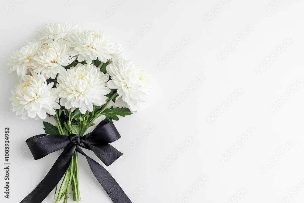 White chrysanthemums with a black ribbon on a white background. White chrysanthemums with a black ribbon on a white background.