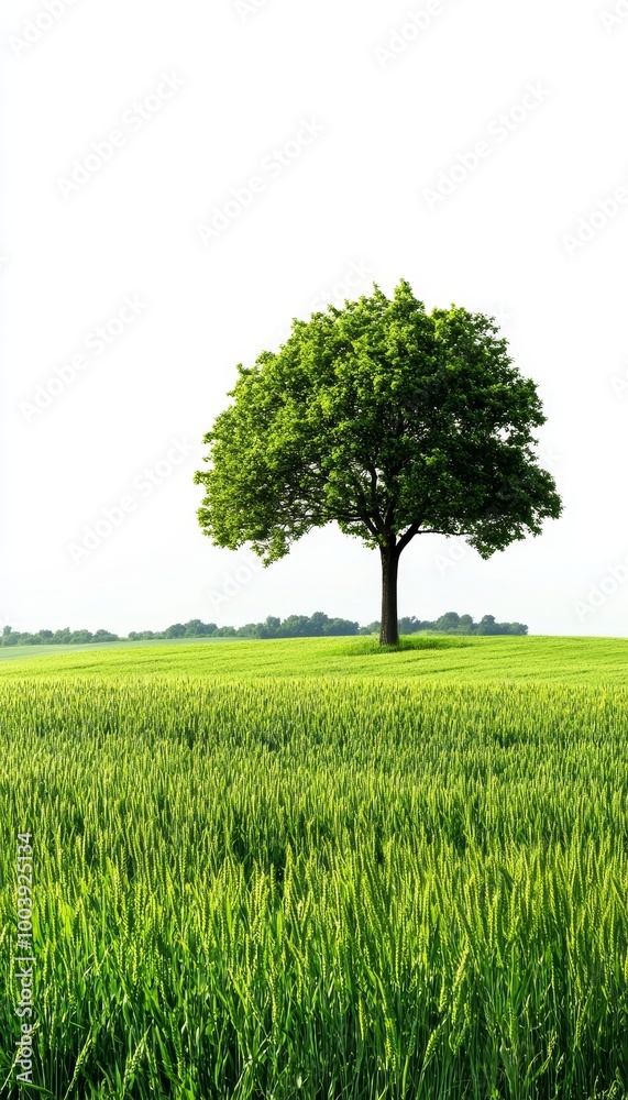 Solitary Tree Standing Tall in a Vast Field of Lush Green Grass, Serene Nature Background Solitary Tree Standing Tall in a Vast Field of Lush Green Grass, Serene Nature Background