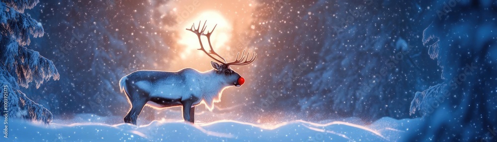 Elegant reindeer stands gracefully in snowy landscape, illuminated by soft light, creating a magical winter atmosphere. Elegant reindeer stands gracefully in snowy landscape, illuminated by soft light, creating a magical winter atmosphere.
