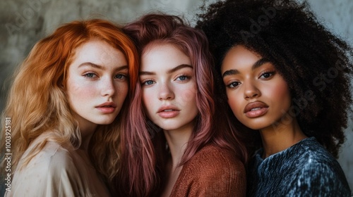 Three women with different hair colors are posing for a photo