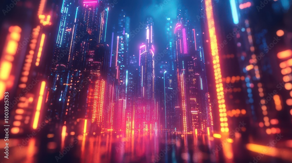 Fototapeta premium Sustainable architecture in a futuristic city, glowing with eco-friendly neon lighting Futuristic Neon Eco-Friendly