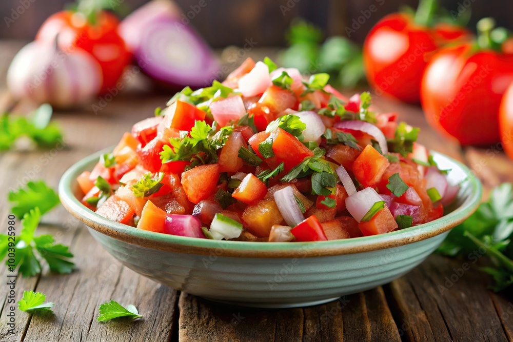 Low angle view of Peruvian Pico de gallo side dish with tomatoes, onions, and cilantro dip Low angle view of Peruvian Pico de gallo side dish with tomatoes, onions, and cilantro dip