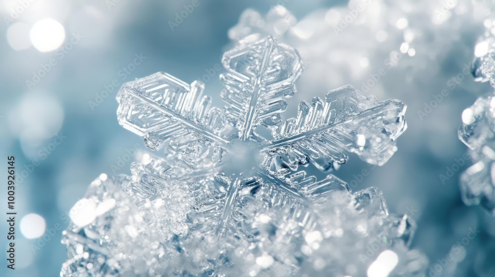 Close-up view of a delicate snowflake captured in crystal clarity against a soft blue background, showcasing intricate patterns. Close-up view of a delicate snowflake captured in crystal clarity against a soft blue background, showcasing intricate patterns.