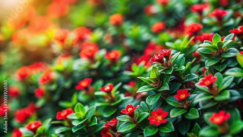 Low angle view of small red flowers with green leaves in the background