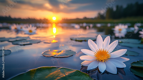 serene lake at sunset, white water lilies floating, vibrant colors, golden sunlight reflecting on water, soft focus, tranquil scene, nature's beauty, peaceful atmosphere, calm waters, scenic landscape