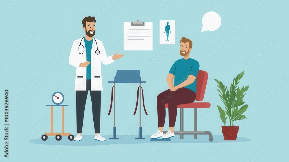 Doctor explaining steps of rehabilitation to patient in gymlike setting, clear instructions, doctor and patient, treatment, physical therapy Doctor explaining steps of rehabilitation to patient in gymlike setting, clear instructions, doctor and patient, treatment, physical therapy
