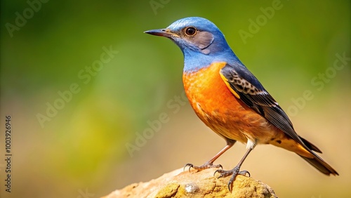 Low angle view of the common rock thrush Monticola saxatilis perched on a rock formation