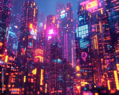 Urban skyscrapers with glowing neon edges and holographic signage in a futuristic city Futuristic Neon High Detail