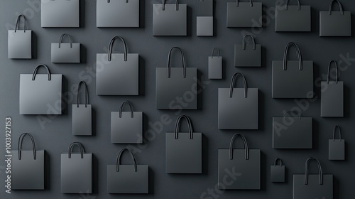 Various black paper shopping bags with minimalist patterns are neatly arranged on a dark surface, showcasing a modern and high-quality aesthetic photo
