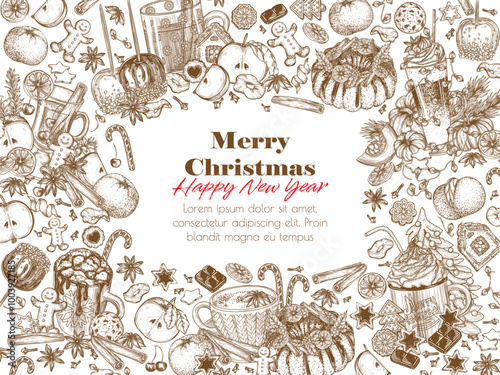Vector border of winter hot drinks. Spiced pumpkin-orange latte, hot chocolate, marshmallow cocoa, mulled wine, spiced tea latte, hot apple cider with gingerbread