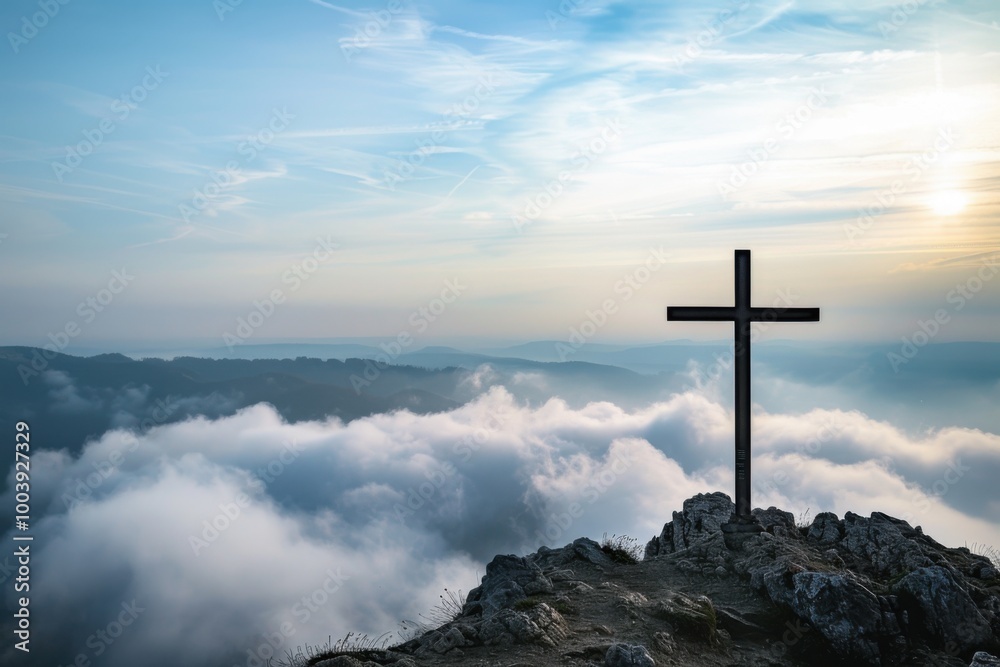 Inspirational Cross on Mountaintop with Serene Sky and Clouds Reflecting Faith and Solitude Inspirational Cross on Mountaintop with Serene Sky and Clouds Reflecting Faith and Solitude