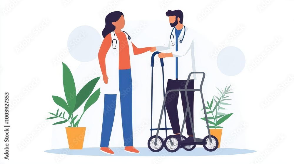 Doctor helping patient with mobility therapy, guiding through exercises with care, doctor and patient, treatment, recovery