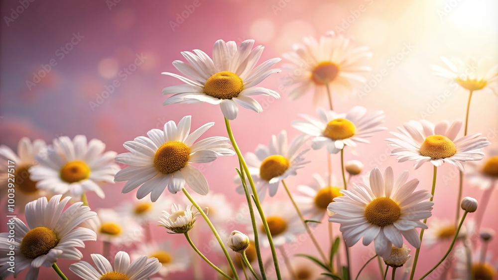 Low angle view of white chamomile flowers on pink background in sunlight Low angle view of white chamomile flowers on pink background in sunlight