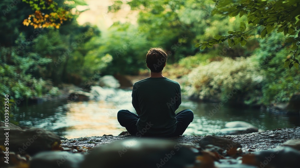 Person meditating by a tranquil river, surrounded by lush greenery. Person meditating by a tranquil river, surrounded by lush greenery.