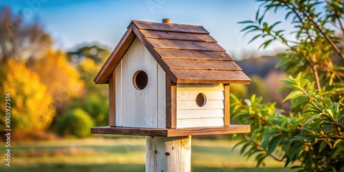 Low angle view of white and brown wooden birdhouse with shingled roof on post