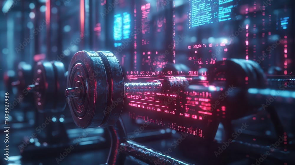 Weightlifting competition in a futuristic gym with glowing neon barbells and holographic stats  Futuristic  Neon  High Detail