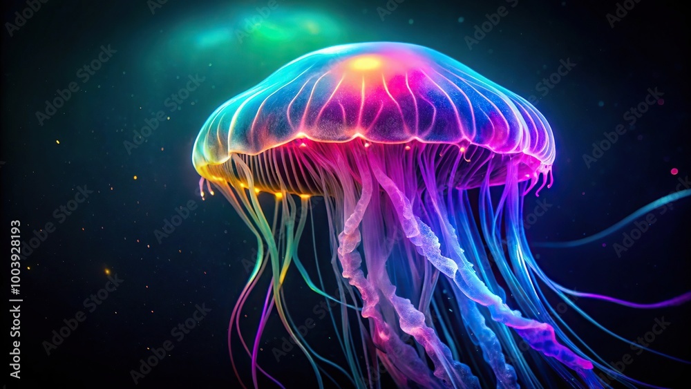 Naklejka premium Luminous jellyfish swimming in neon colors in a dark sea silhouette