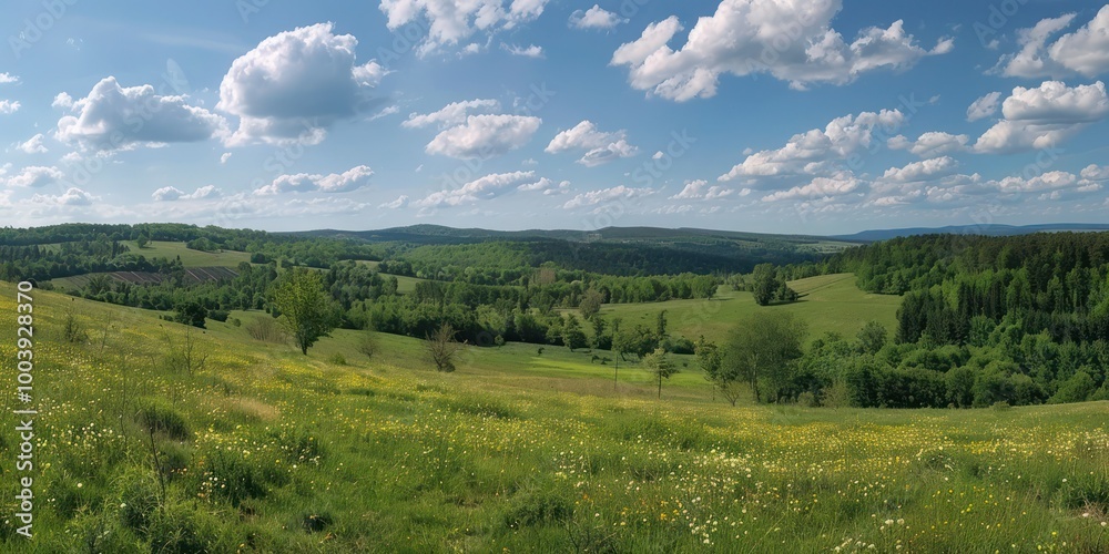 Obraz premium Eastern European Landscape: A panoramic view of the Eastern European countryside with rolling hills and forests