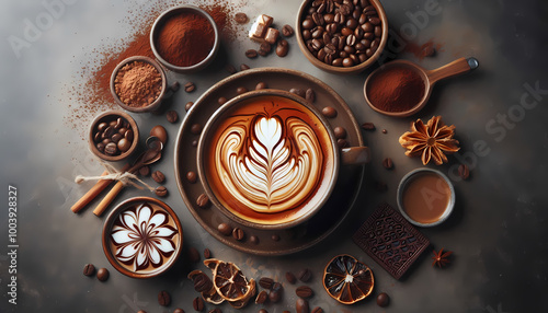 Flat lay display of coffee art, toppings and beans perfect for advertising. Cafe illustrations trendy hipster hot cappuccino, latte and mocha