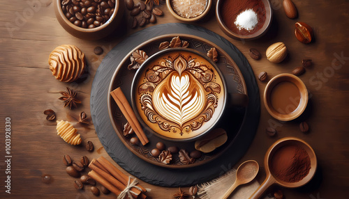 Coffee art in foam of hot drink in ceramic cup. Flat lay display of cappuccino, latte or mocha for restaurant or coffee shop.