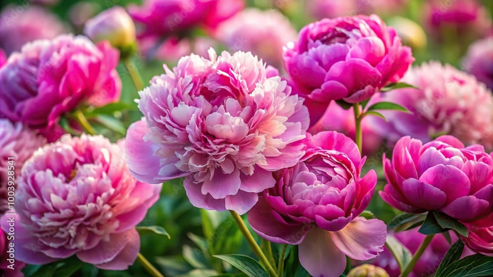 Lush full blooms of peonies with ruffled petals and rich colors emphasize depth of field Lush full blooms of peonies with ruffled petals and rich colors emphasize depth of field