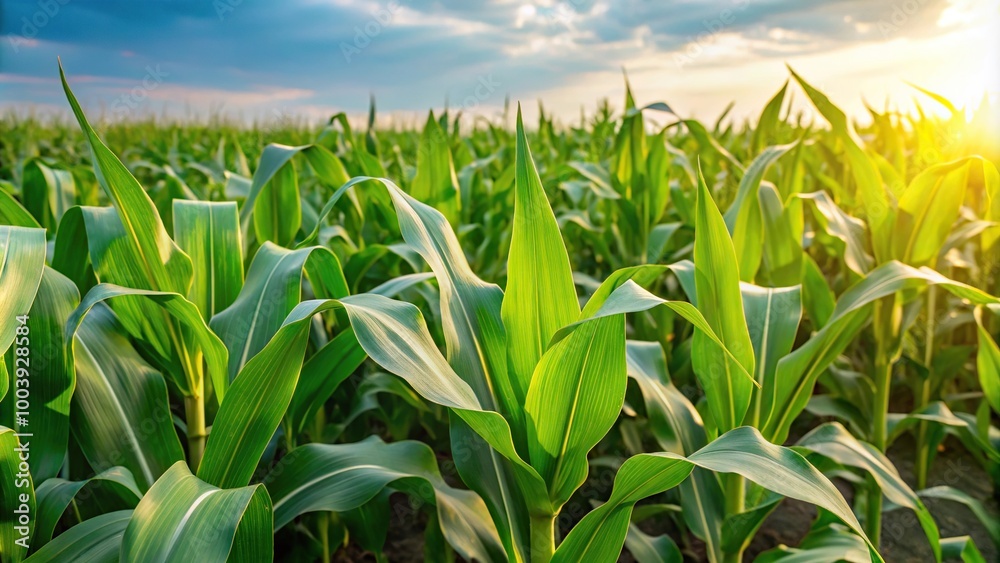 Obraz premium Lush green corn field at sunrise close-up
