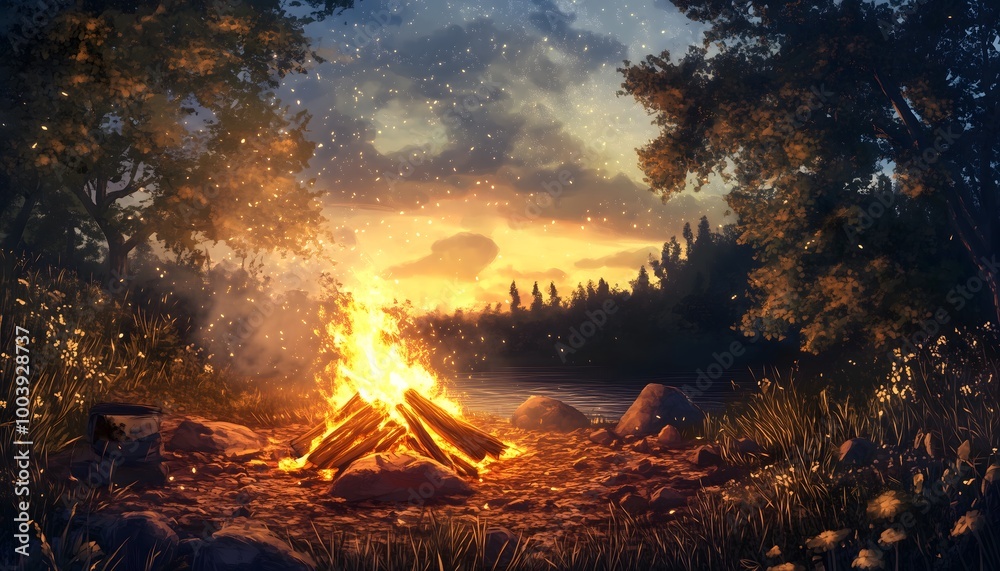 Fototapeta premium A cozy illustration of a campfire by a lake