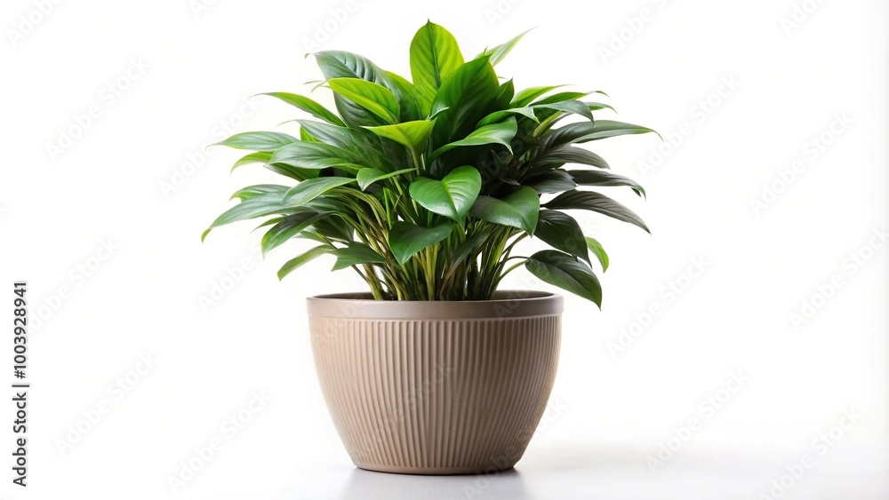 Lush green house plant in a stylish pot on an isolated background photographed from a worm's eye view Lush green house plant in a stylish pot on an isolated background photographed from a worm's eye view