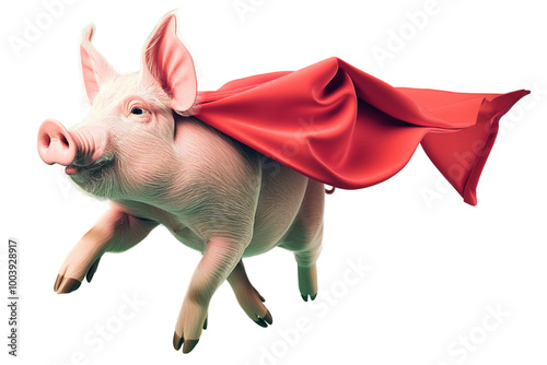 Flying superhero pig wearing red cape photo