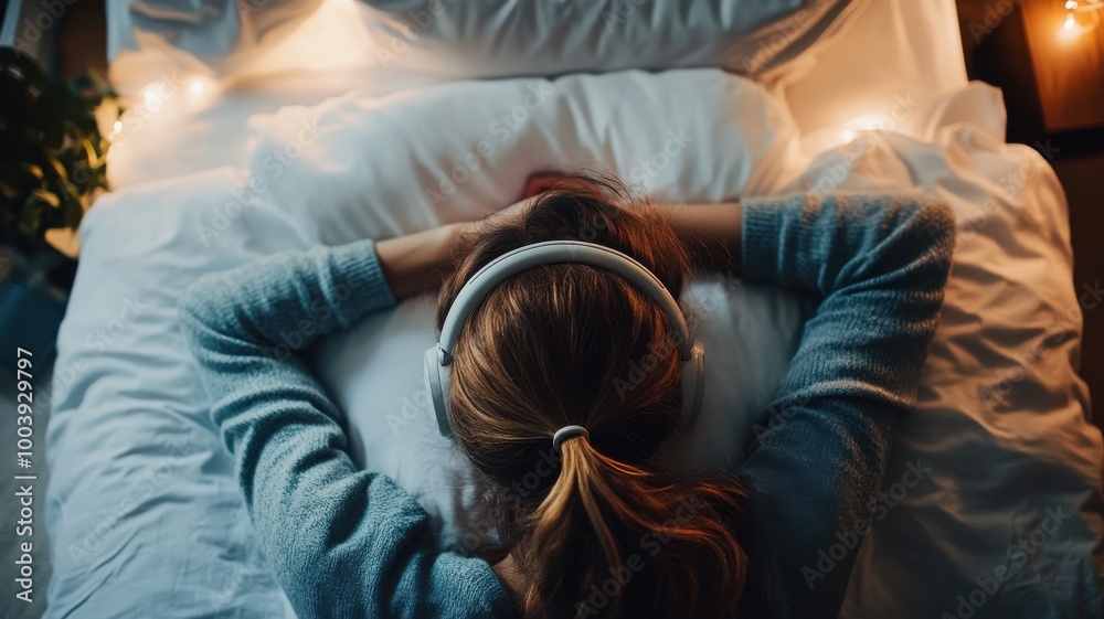 Person relaxing in bed with headphones, surrounded by soft light. Person relaxing in bed with headphones, surrounded by soft light.