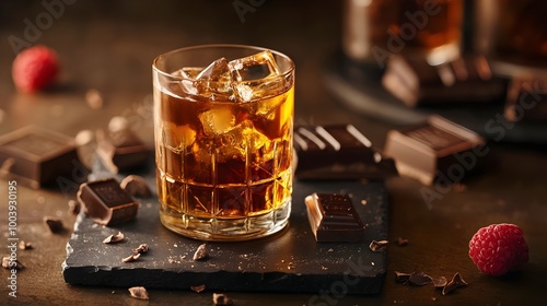 A glass of whiskey,cocnac, rum, brandy cocktail with ice Assortment of chocolates . glass filled with half alcoholic drink whiskey, brandy or cognac and ice cubes and chocolate bar set. 