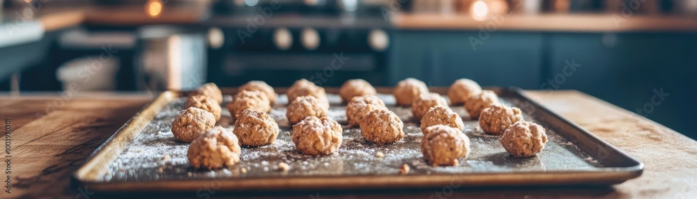 Freshly prepared cookie dough balls on a baking tray, ready for the oven in a modern kitchen, surrounded by cozy ambiance. Freshly prepared cookie dough balls on a baking tray, ready for the oven in a modern kitchen, surrounded by cozy ambiance.