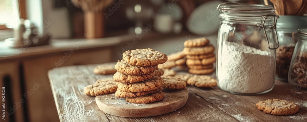 Freshly baked cookies arranged on a wooden table, with flour and baking ingredients in a cozy kitchen setting. Freshly baked cookies arranged on a wooden table, with flour and baking ingredients in a cozy kitchen setting.
