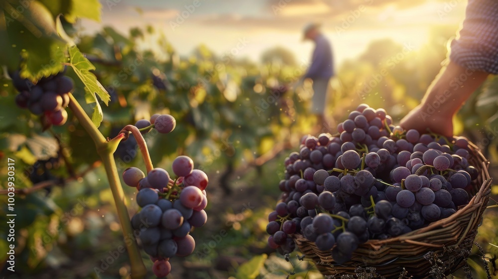 Obraz premium A farmer harvesting grapes in a biodynamic vineyard, high-quality and sustainable produce