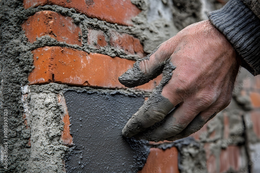 Obraz premium A worker is laying bricks on the wall