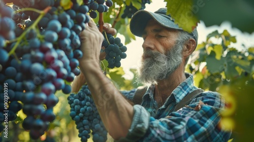 A farmer inspecting grapes in a biodynamic vineyard, high-quality produce photo